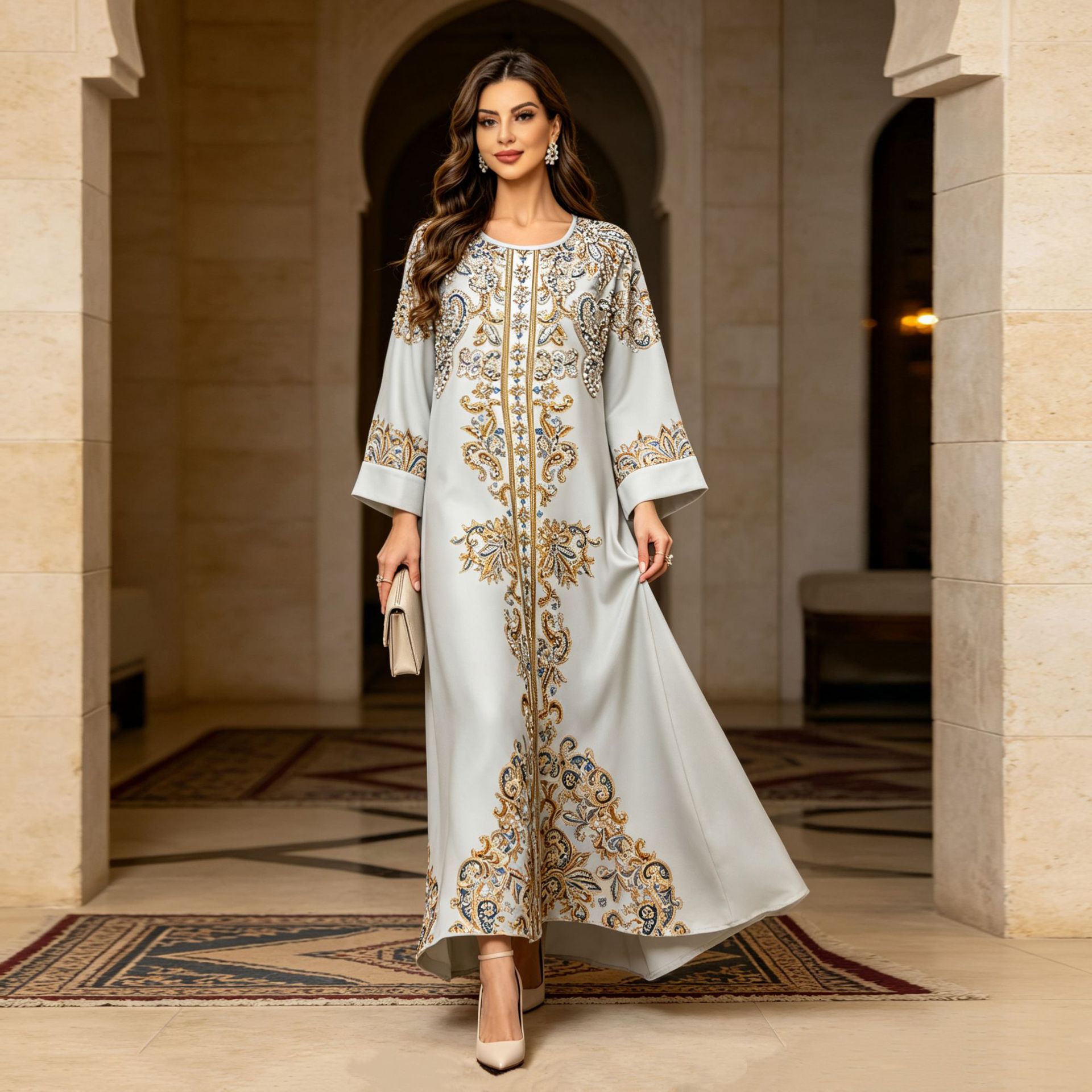 Jalabiya Women Arabic - ชุดเดรสวันอีดสำหรับผู้หญิง อาบายะห์ ชุดเดรสลายพิมพ์ คาฟตัน จาลาบียะห์ มุสลิม