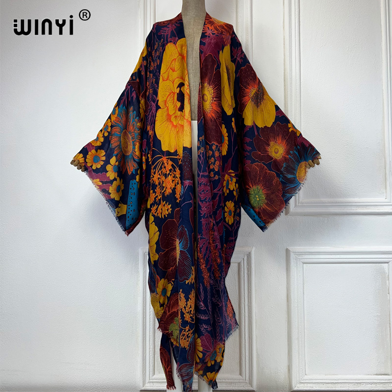 Kaftan Women Boho - WINYI Africa แฟชั่นฤดูร้อน ชุดกิโมโนแม็กซี่เดรส ชุดคลุมชายหาด คาร์ดิแกน