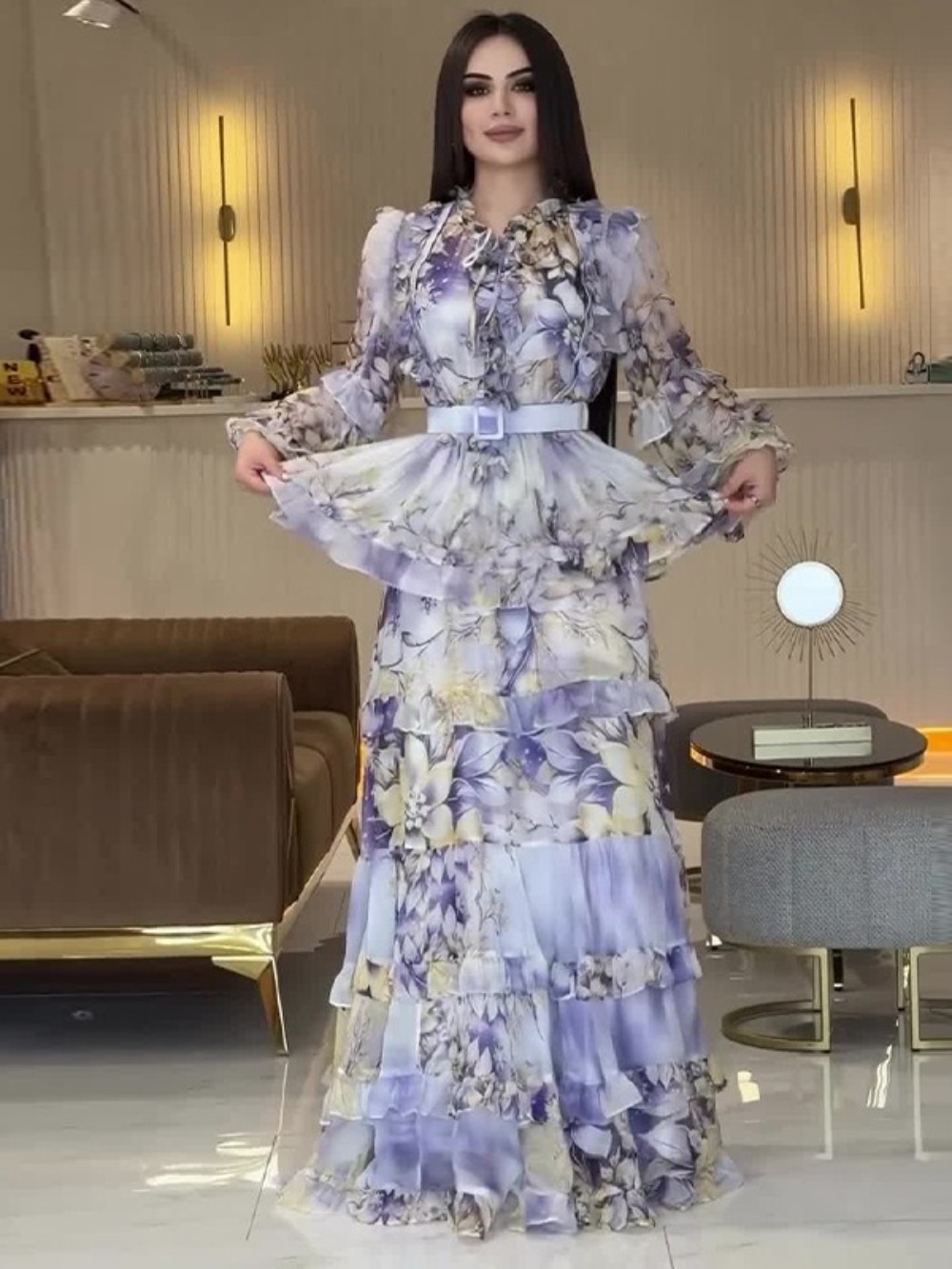 Jalabiya Women Arabic - Eid ชุดสตรี Abaya มุสลิม Ruffle พิมพ์