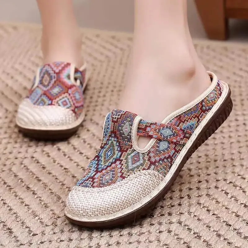 Ethnic Fashion Walk - รองเท้าแตะแฟชั่นสไตล์ชนเผ่าสำหรับผู้หญิงรองเท้าผ้าลิ่มพื้นรองเท้านุ่มรองเท้าใส่เดินรองเท้าแตะแบบสวม