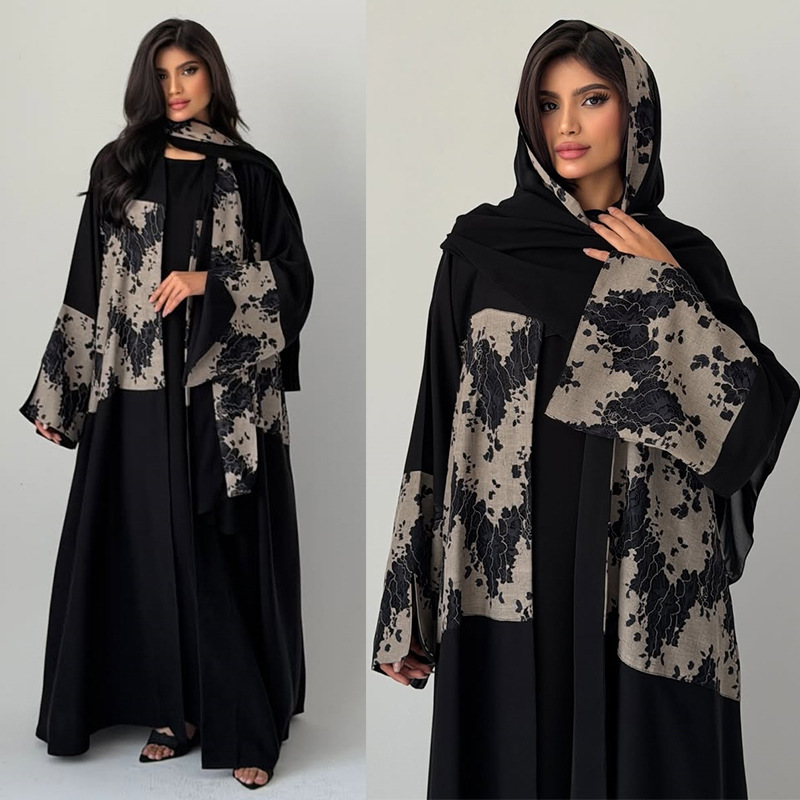 Jalabiya Women Arabic - ชุดอาบายะฮิญาบสำหรับผู้หญิง 2 ชิ้น ชุดเดรสลูกไม้เปิดประดับผ้าคลุมศีรษะแบบแพทช์เวิร์ค จาลาบียะ ดูไบ