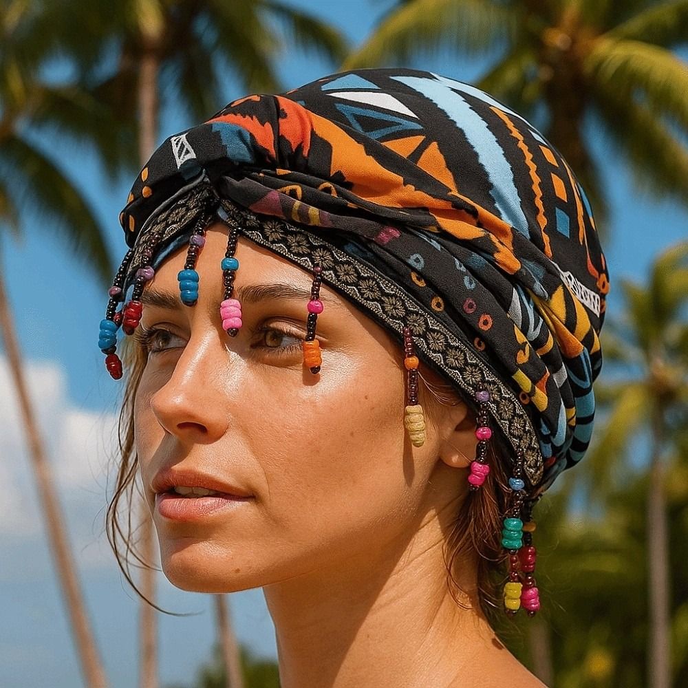 Ethnic Fashion India - ผ้าคลุมศีรษะแบบยืดหยุ่นประดับลูกปัดหลากสีสไตล์ชาติพันธุ์ ผ้าโพกศีรษะสำเร็จรูปสไตล์อินเดีย หมวกบีนนี่ไม่มีปีก หมวกไหมพรมแบบสวม